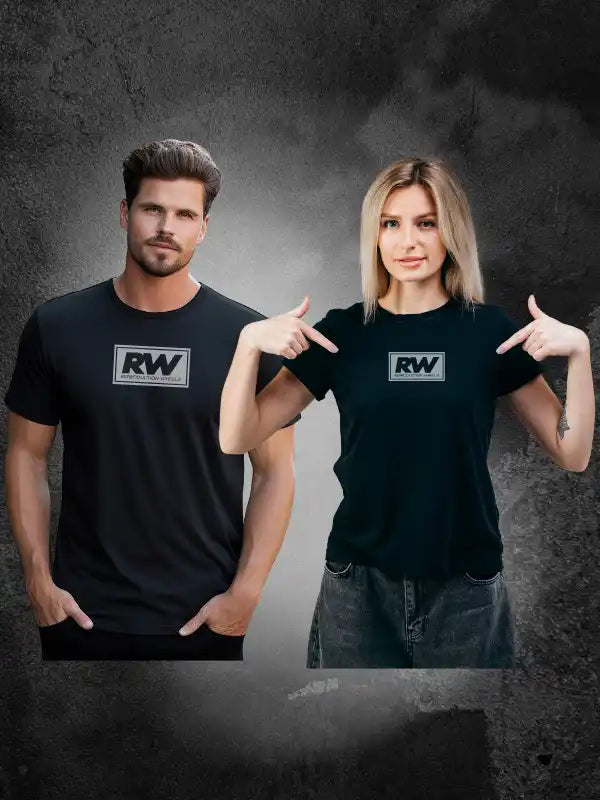 Two people wearing matching black t-shirts with ’RW’ logos pointing to their shirts.